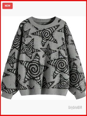 Gothic Cat Moon Print Pullover Sweater - Long Sleeve Crew Neck